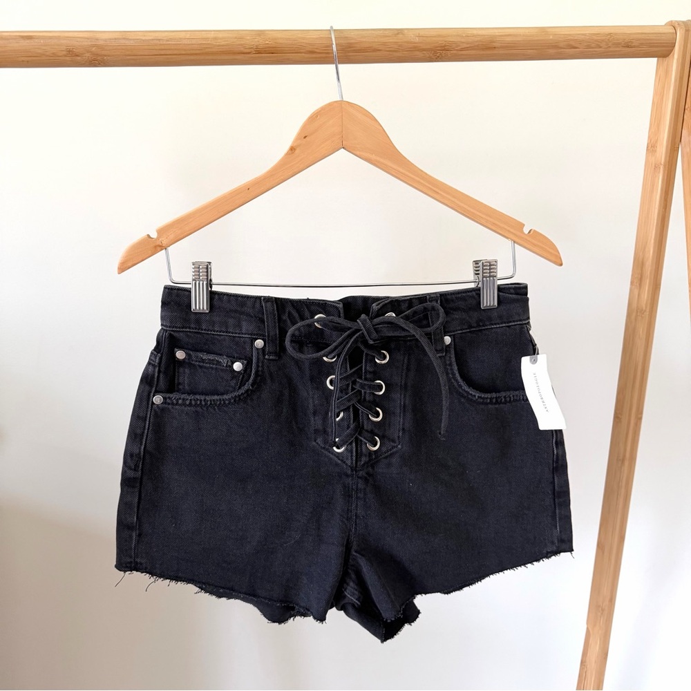 NWT Anthropologie Pilcro High Waisted Lace Up Denim Shorts in Black - 26